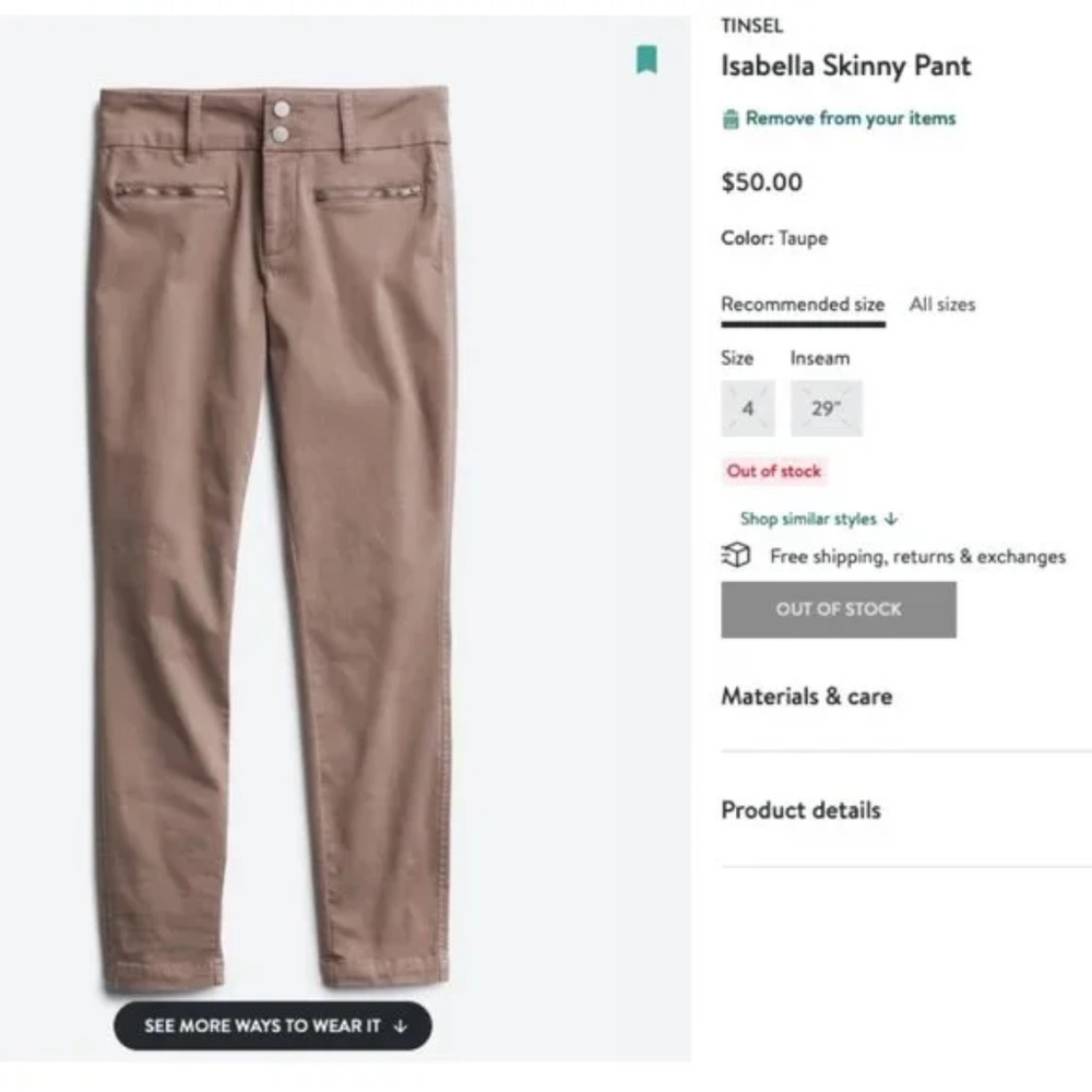 Tinsel Isabella Pants in Taupe Soft Skinny Straight Leg Women’s Size 27